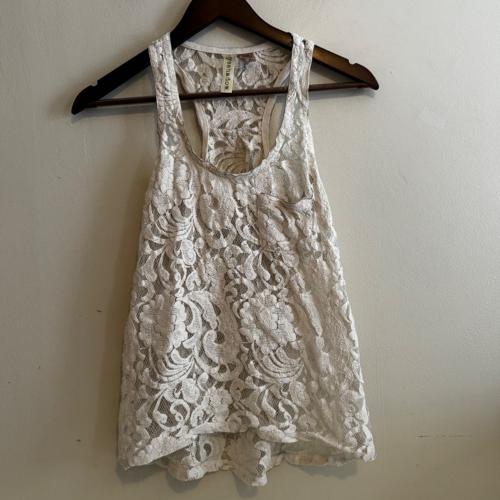 VTG Women's Sz Sm Racerback Top Cream Floral Lace Fairy Coquette Layers Cotton